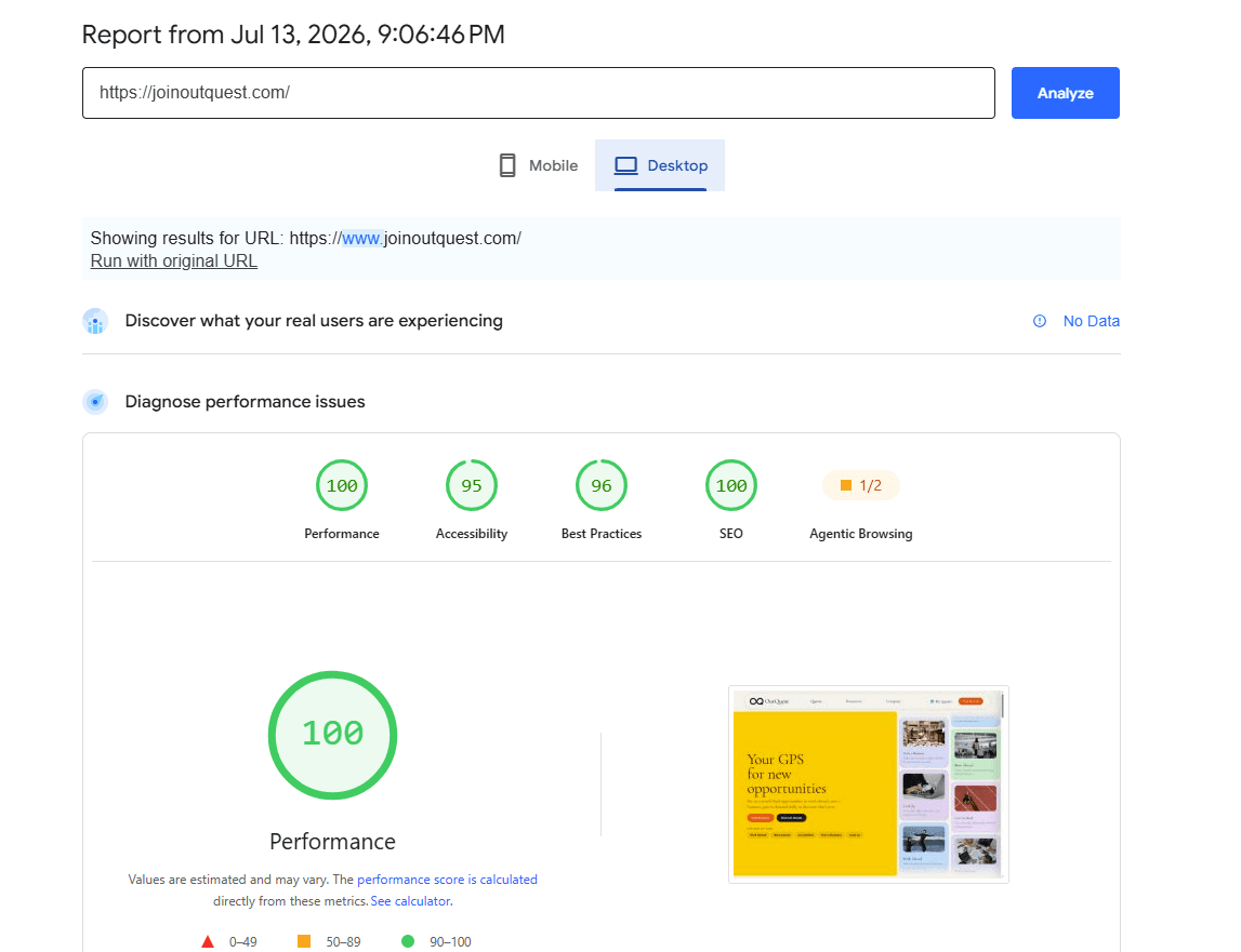 OutQuest Desktop PageSpeed Insights Score of 99