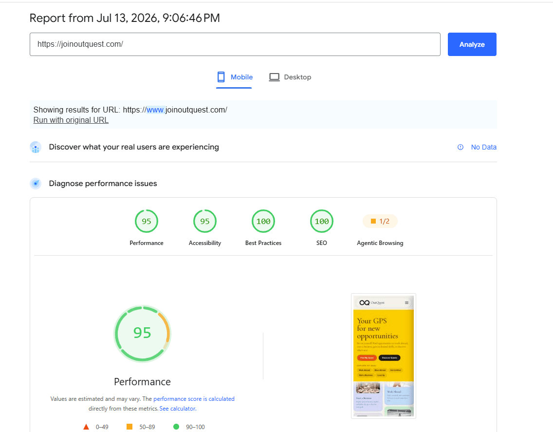 OutQuest Mobile PageSpeed Insights Score