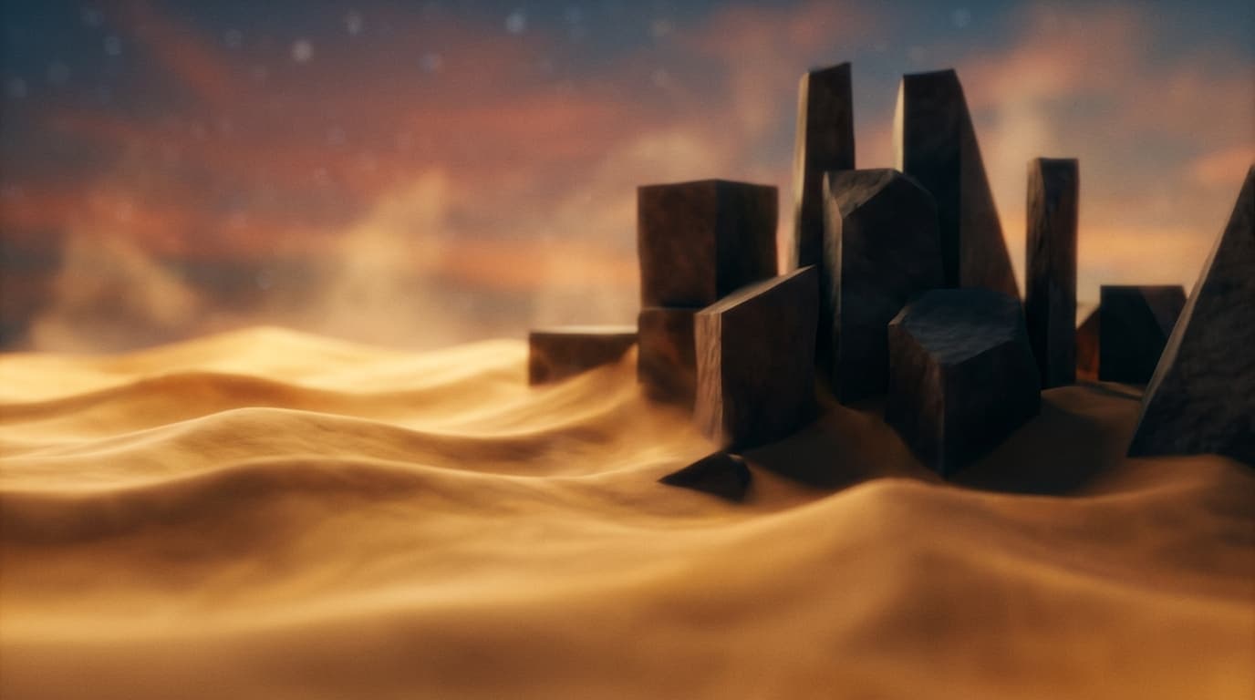 Golden sand merging with geometric monoliths